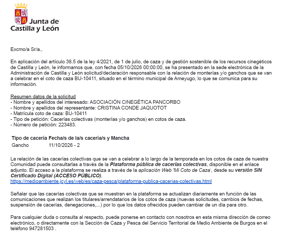 Relación de monterías y/o ganchos en el término municipal de Ameyugo